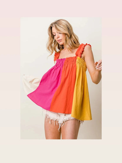 Color Block Smocked Babydoll Top with Frill Straps – photo 4