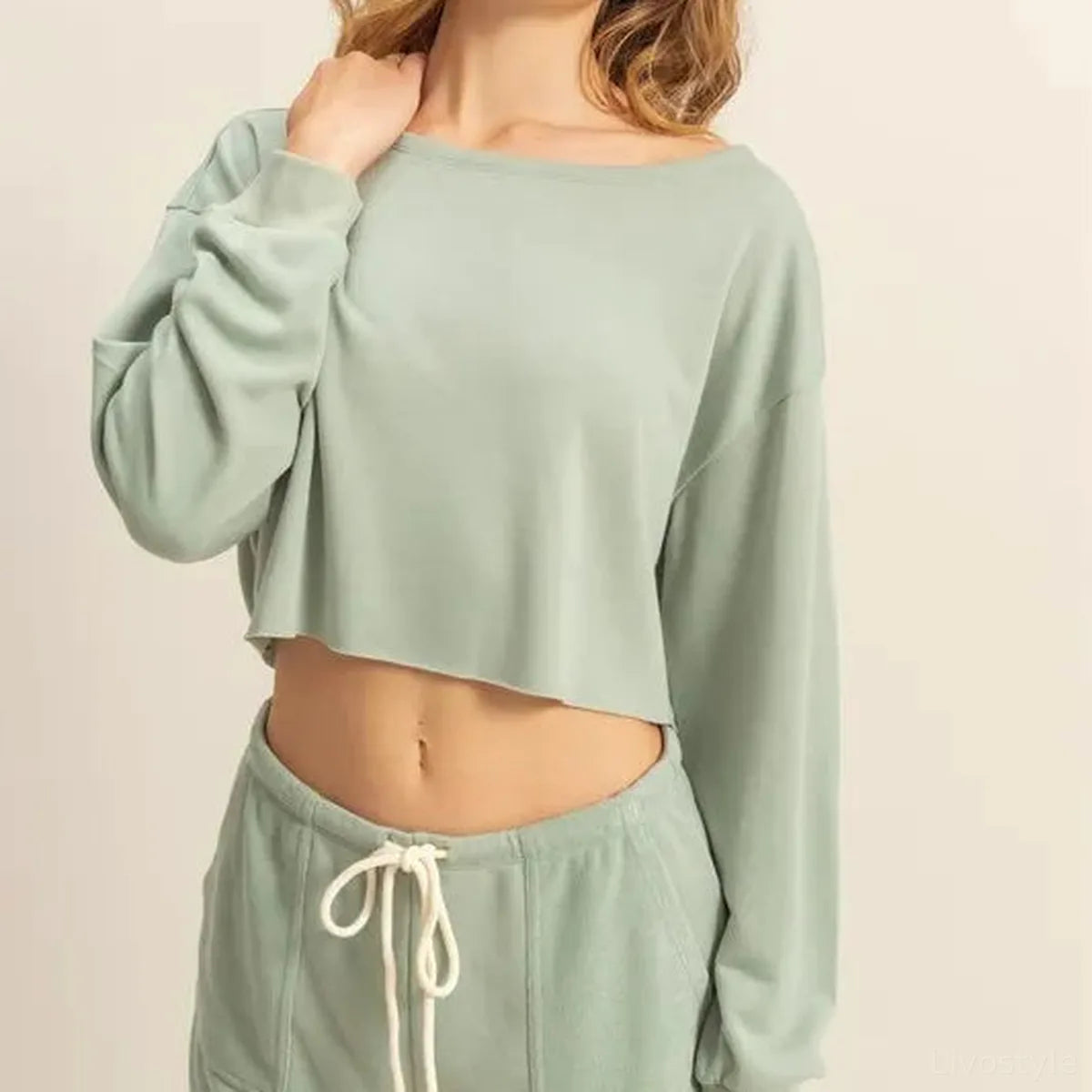 Stylish Boat Neck Long Sleeve Crop Top — square view — Livostyle