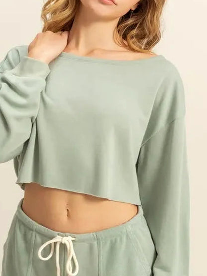 Stylish Boat Neck Long Sleeve Crop Top — detail view — Livostyle