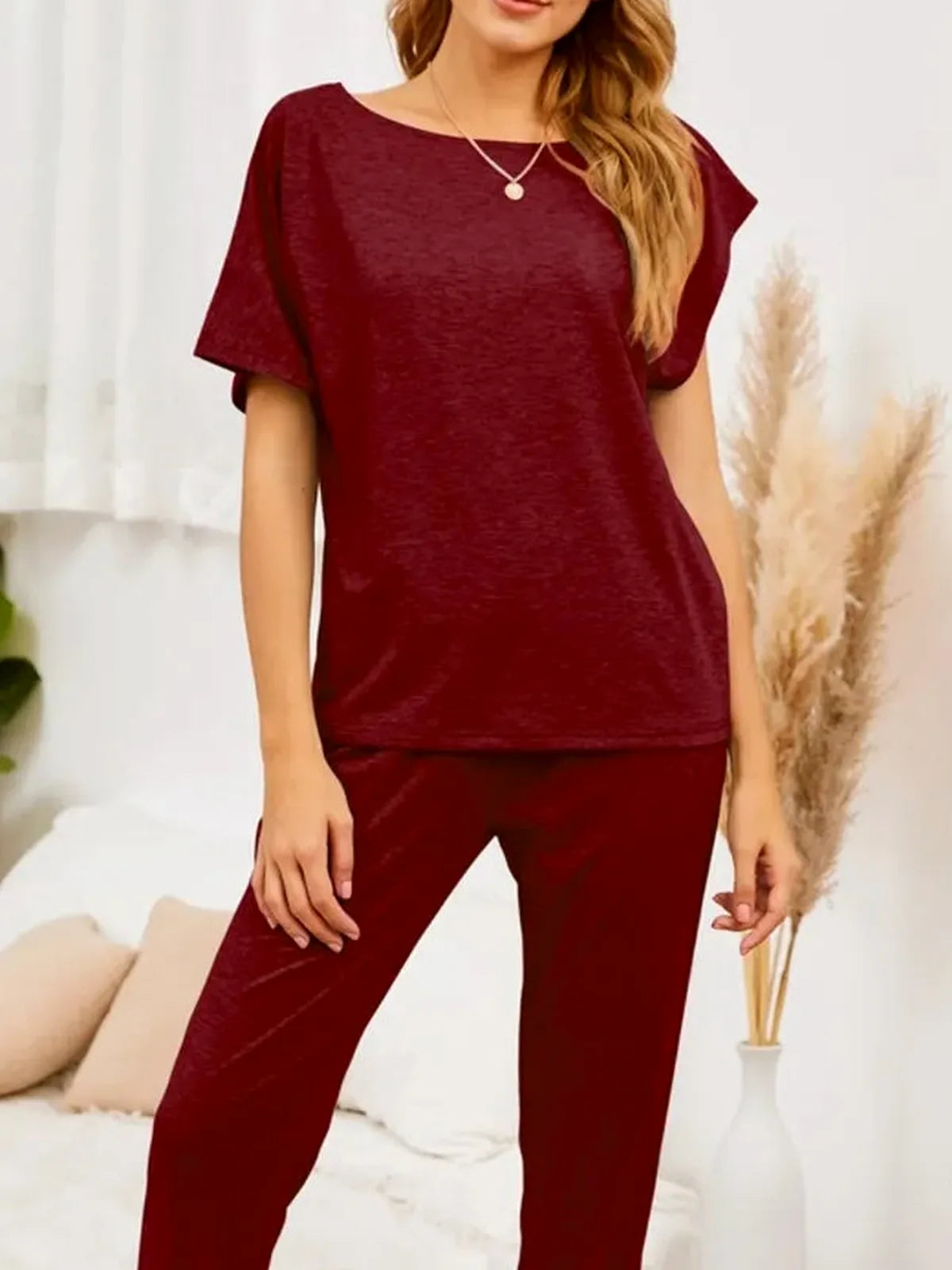 Boat Neck Top and Pants Lounge Set — detail view — Livostyle