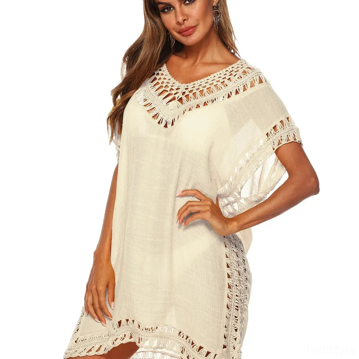 Bohemian Crochet Trim Beach Cover Up Dress — square view — Livostyle