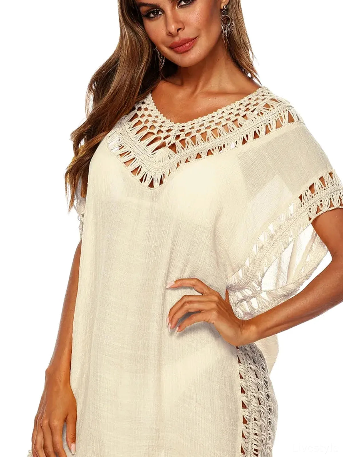 Bohemian Crochet Trim Beach Cover Up Dress — detail view — Livostyle
