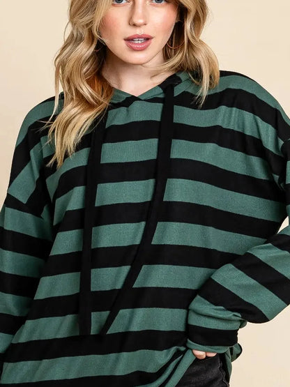Chic Striped Drawstring Hoodie with Dropped Shoulders — detail view — Livostyle