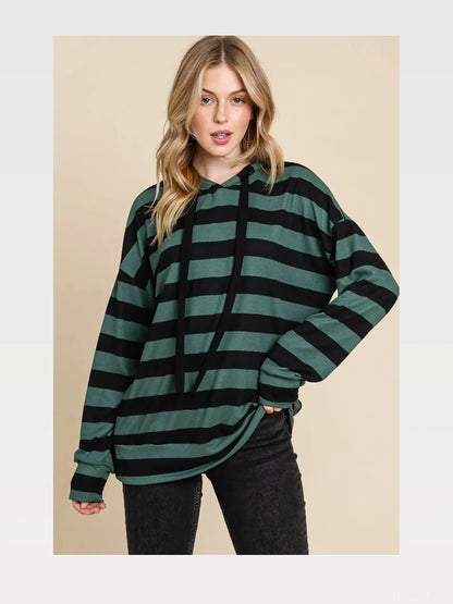 Chic Striped Drawstring Hoodie with Dropped Shoulders — styled showcase — Livostyle