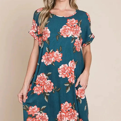 Stylish Floral Tee Dress with Pockets — square view — Livostyle