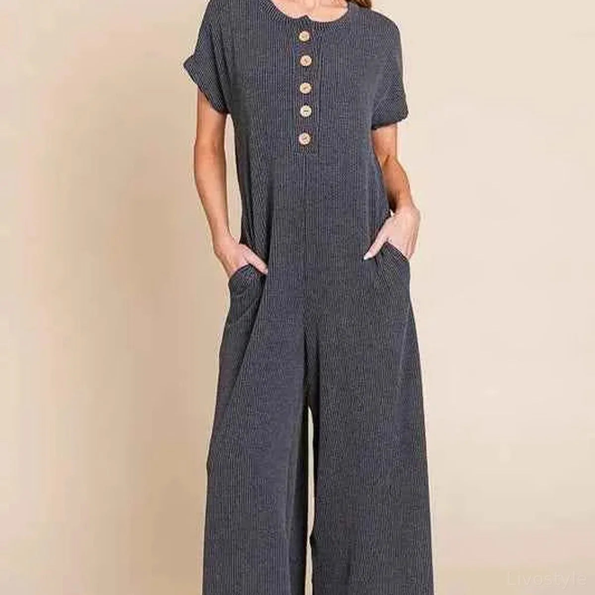 Rib Knit Jumpsuit with Button Detail — square view — Livostyle