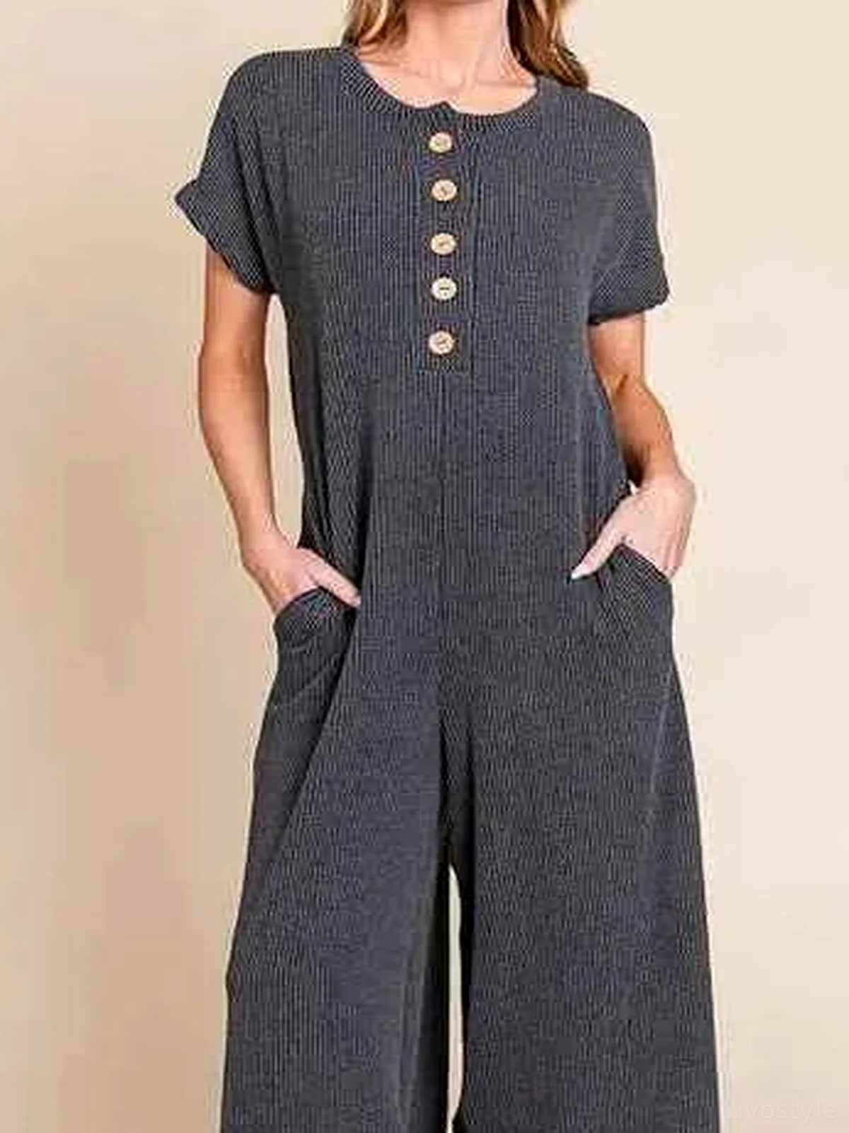 Rib Knit Jumpsuit with Button Detail — detail view — Livostyle