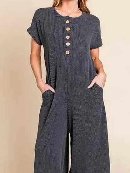 Rib Knit Jumpsuit with Button Detail — detail view — Livostyle