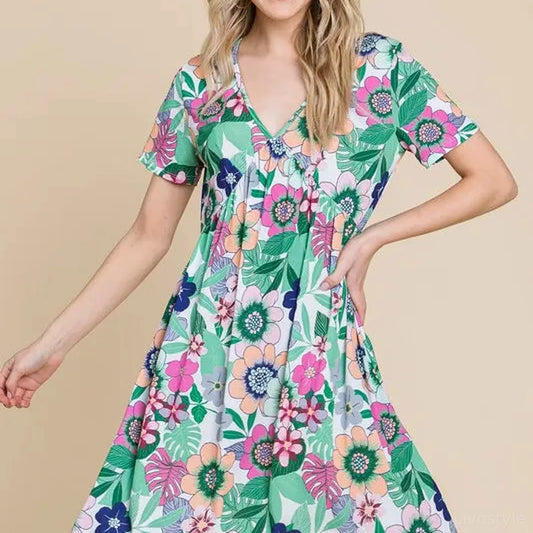 Chic Floral Ruched Dress with V-Neck and Short Sleeves — square view — Livostyle