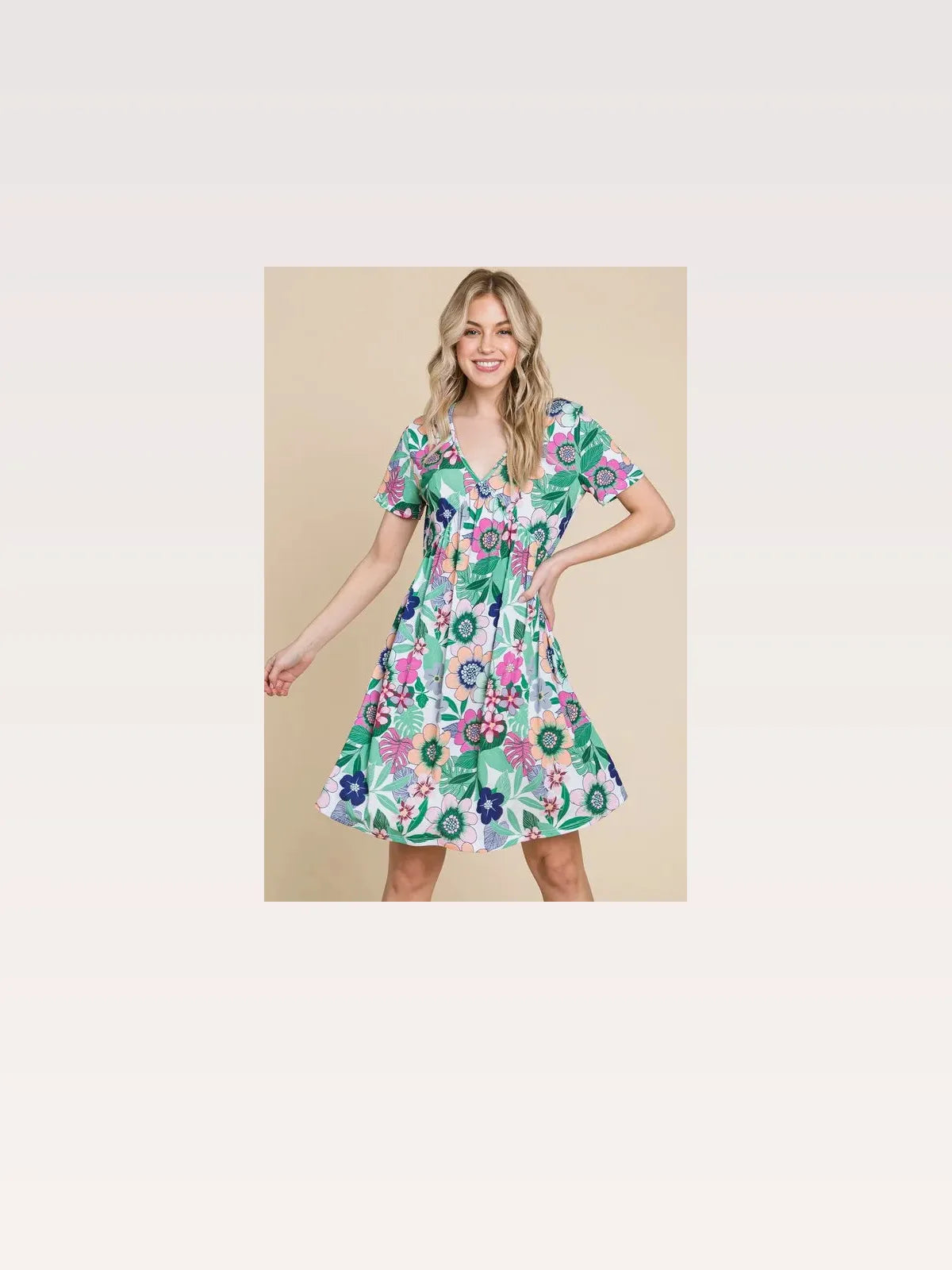 Chic Floral Ruched Dress with V-Neck and Short Sleeves — styled showcase — Livostyle