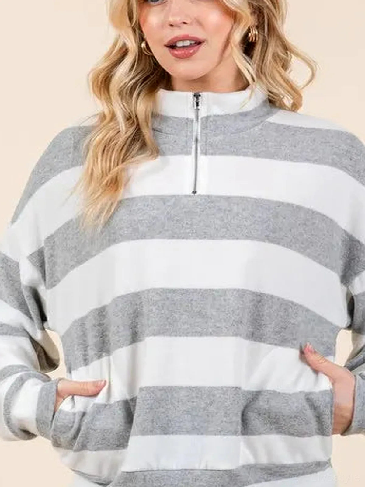 Striped Quarter-Zip Sweatshirt with Drop Shoulder Design — detail view — Livostyle