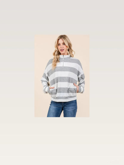 Striped Quarter-Zip Sweatshirt with Drop Shoulder Design — styled showcase — Livostyle