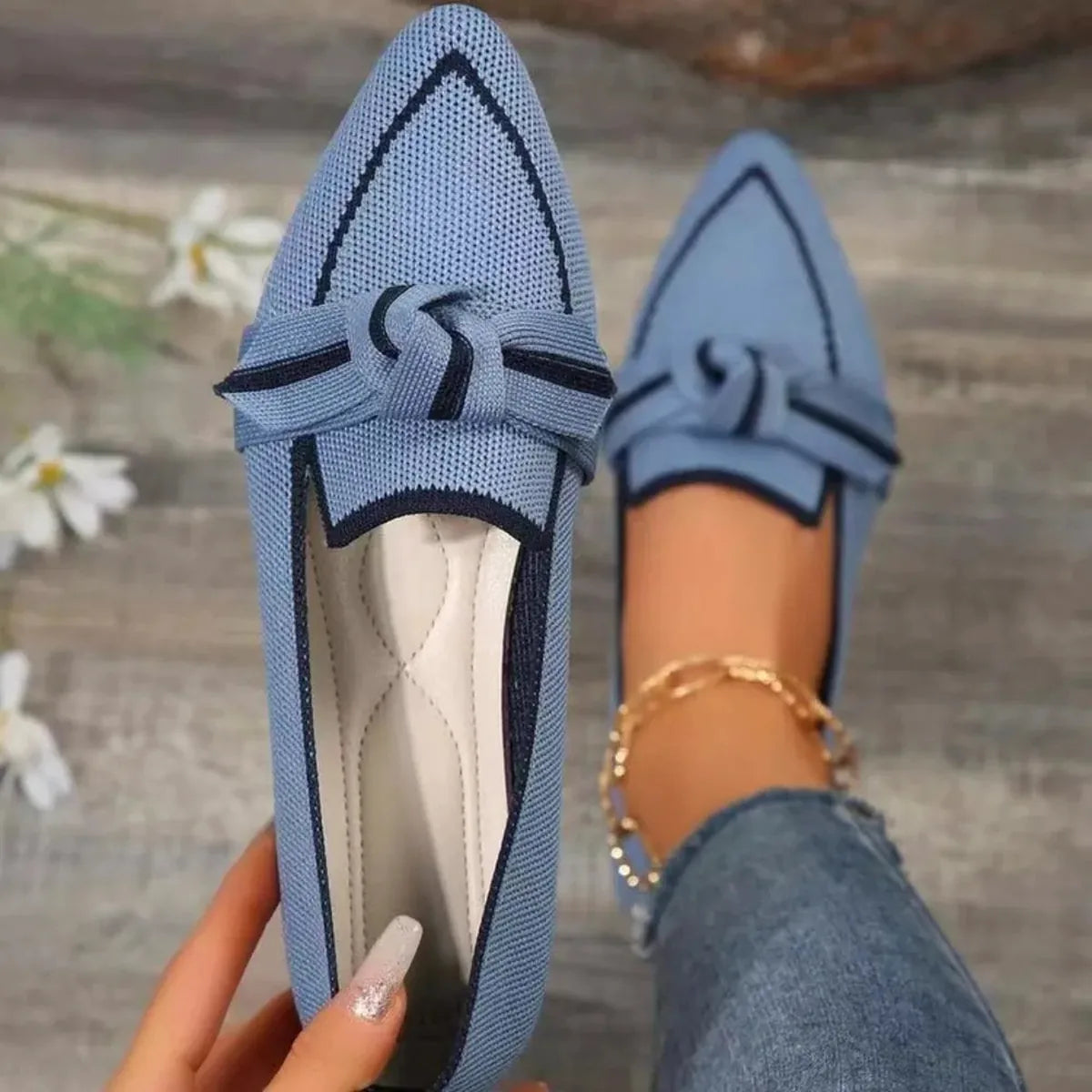 Stylish Point Toe Loafers with Bow Contrast Trim — square view — Livostyle