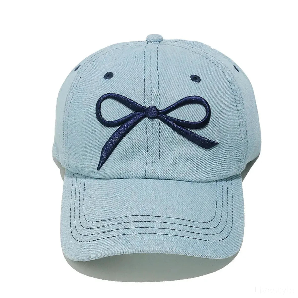 Bow Embroidered Denim Baseball Cap — square view — Livostyle