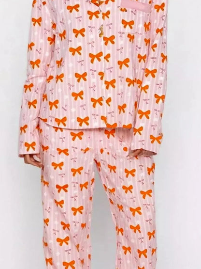 Bow Print Top and Wide Leg Pants Lounge Set — detail view — Livostyle