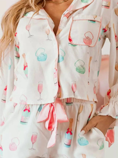 Bow Printed Collared Neck Top and Drawstring Shorts Lounge S — detail view — Livostyle