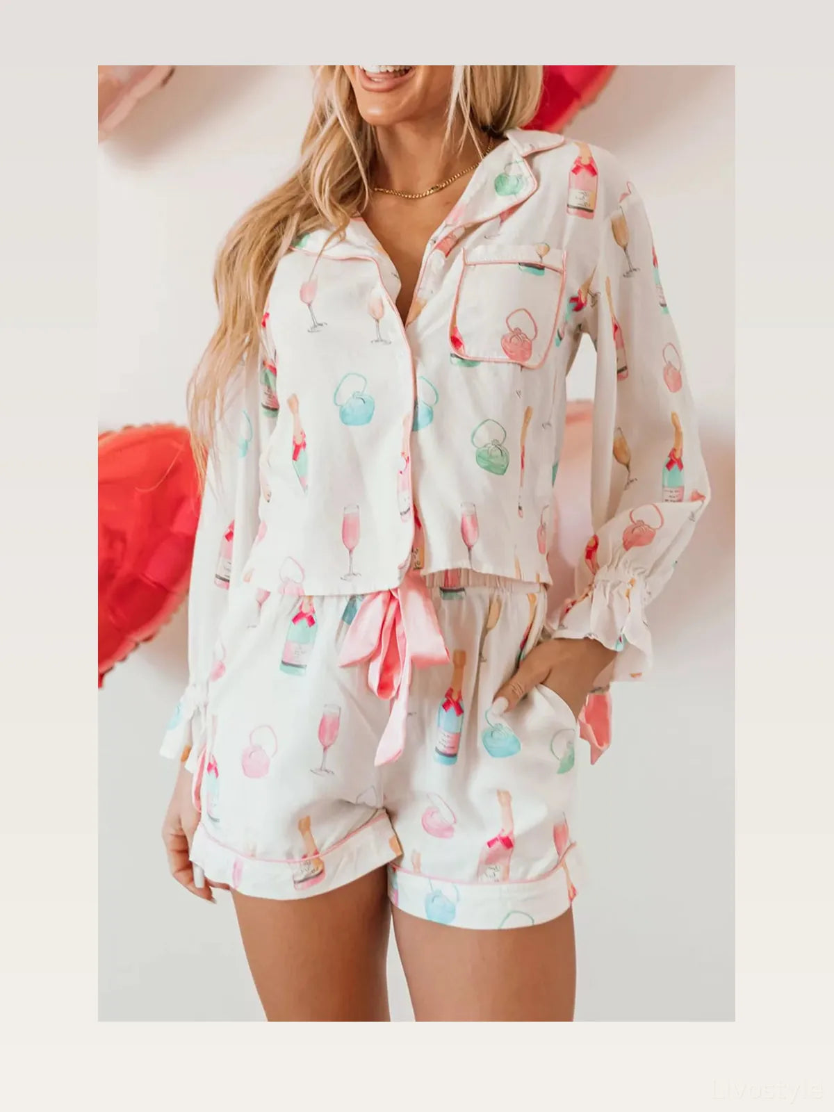 Bow Printed Collared Neck Top and Drawstring Shorts Lounge S — styled showcase — Livostyle