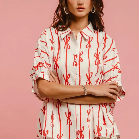 Chic Bow-Ribbon Woven Button-Down Shirt: Versatile & Stylish — square view — Livostyle