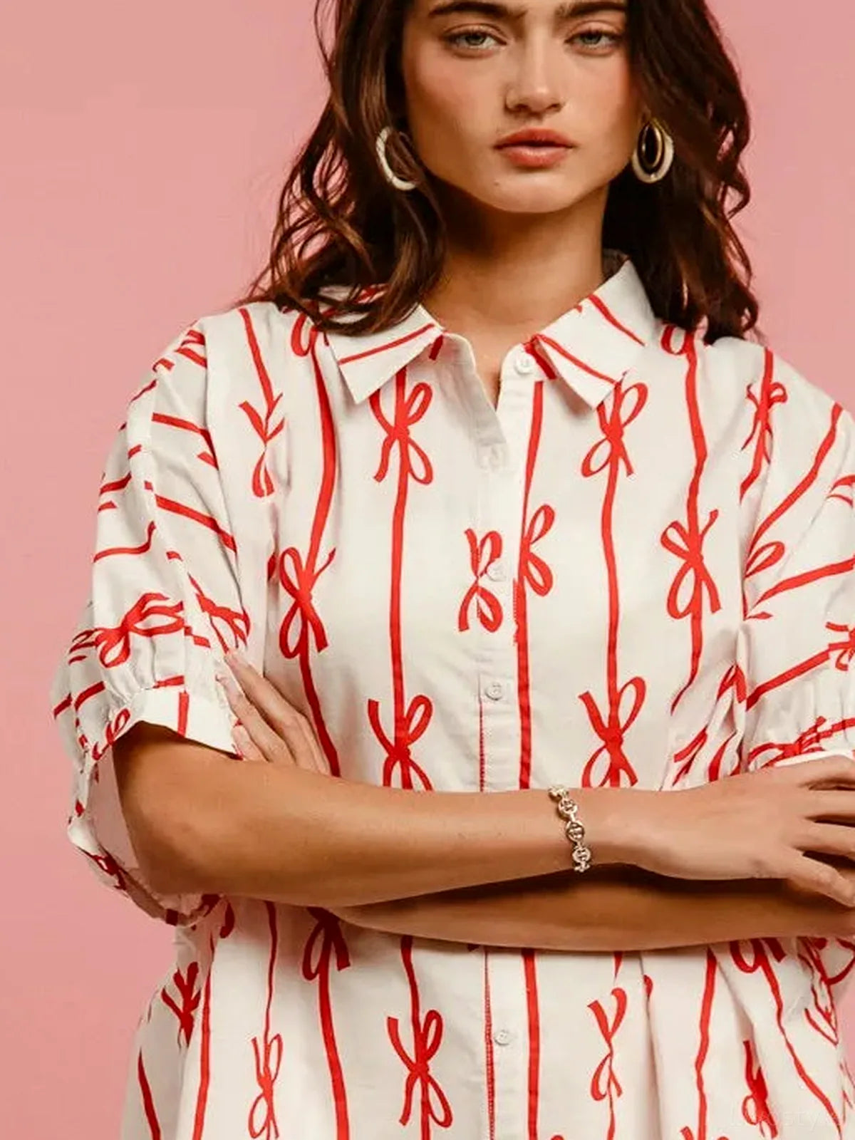 Chic Bow-Ribbon Woven Button-Down Shirt: Versatile & Stylish — detail view — Livostyle