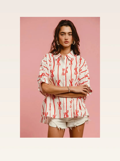 Chic Bow-Ribbon Woven Button-Down Shirt: Versatile & Stylish — styled showcase — Livostyle