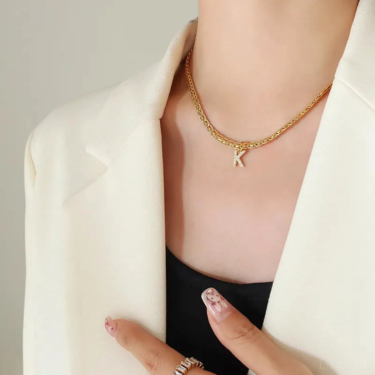 Brass Inlaid Zircon Letter K Pendant Necklace — square view — Livostyle