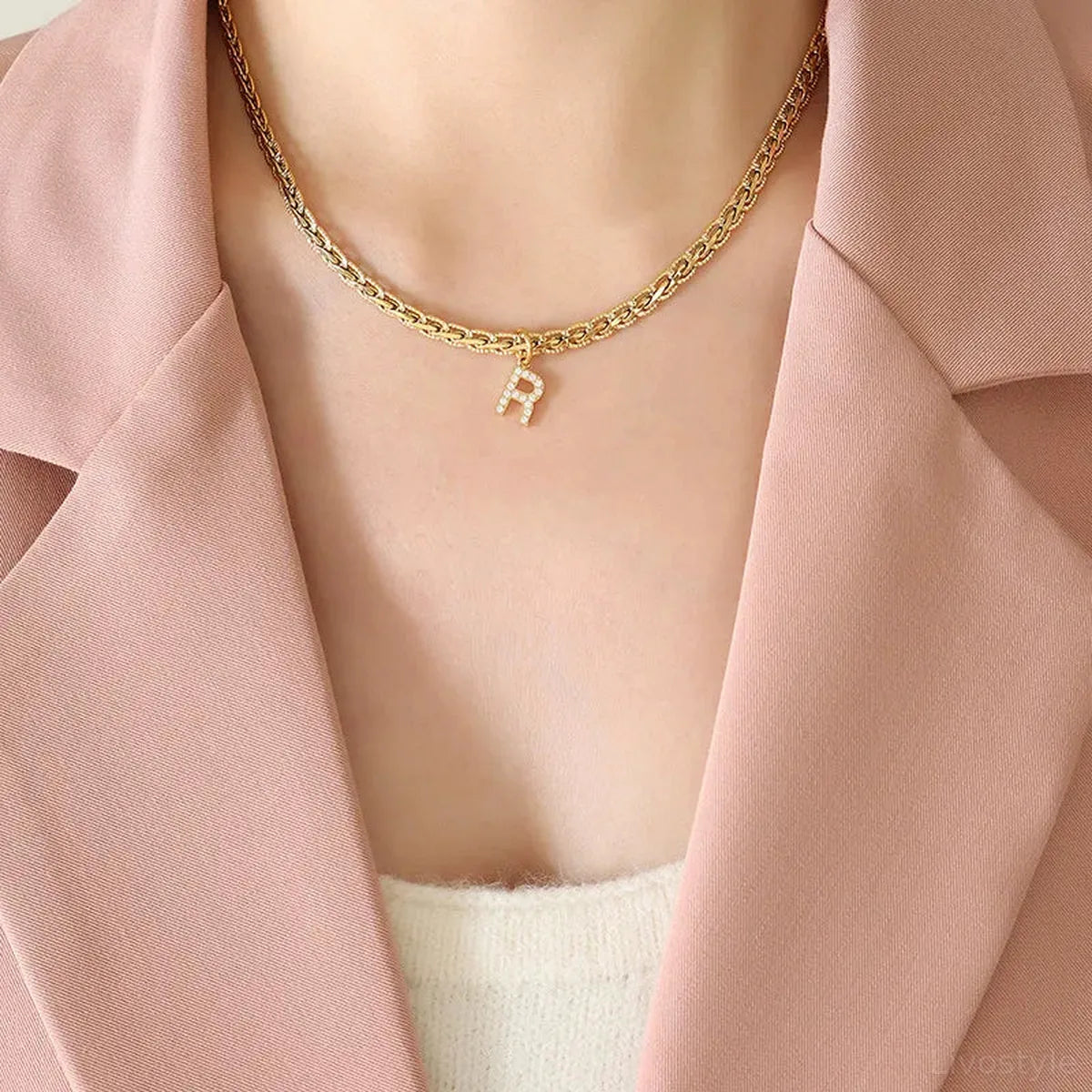 Brass Inlaid Zircon Letter R Pendant Necklace — square view — Livostyle