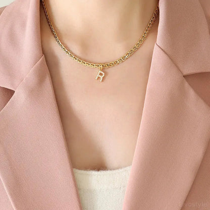 Brass Inlaid Zircon Letter R Pendant Necklace — square view — Livostyle