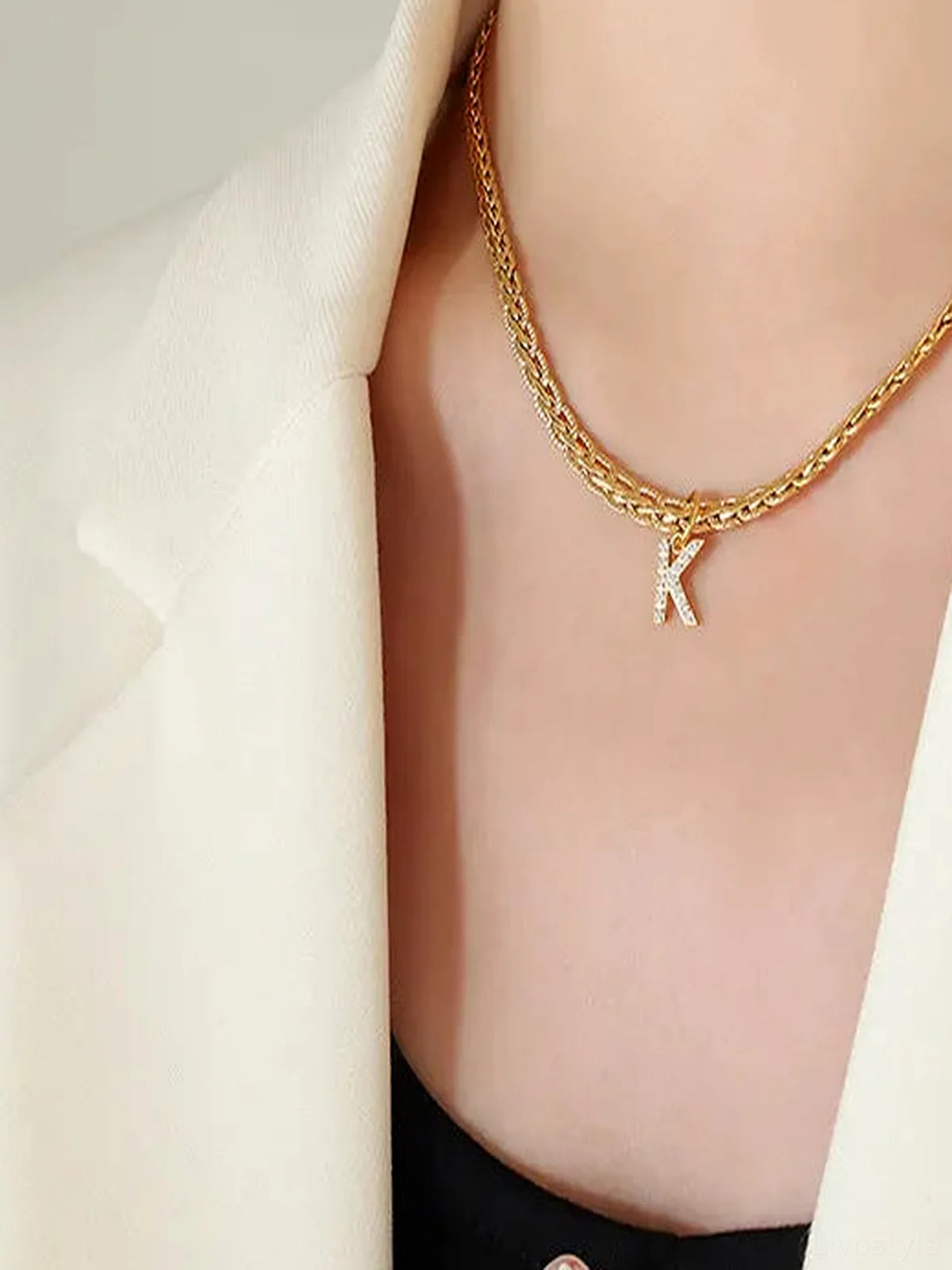 Brass Inlaid Zircon Letter K Pendant Necklace — detail view — Livostyle