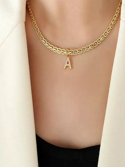 Brass Inlaid Zircon Letter A Pendant Necklace — detail view — Livostyle