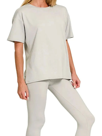Brushed Microfiber Short-Sleeve Top & Pants Set — detail view — Livostyle
