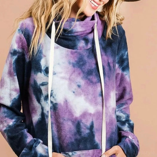 Chic Overlapped Turtleneck Sweatshirt in Brushed Tie Dye — square view — Livostyle