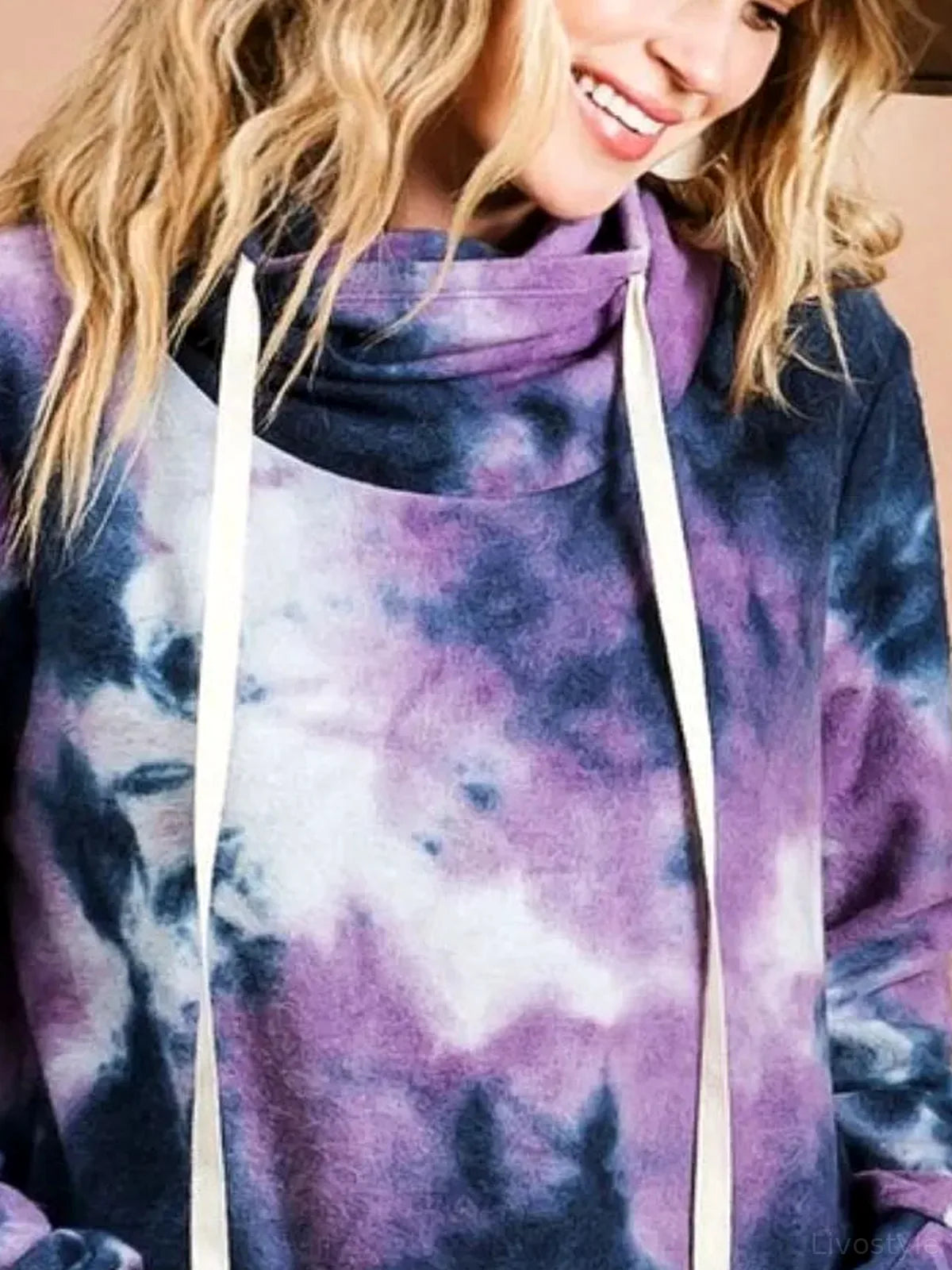 Chic Overlapped Turtleneck Sweatshirt in Brushed Tie Dye — detail view — Livostyle