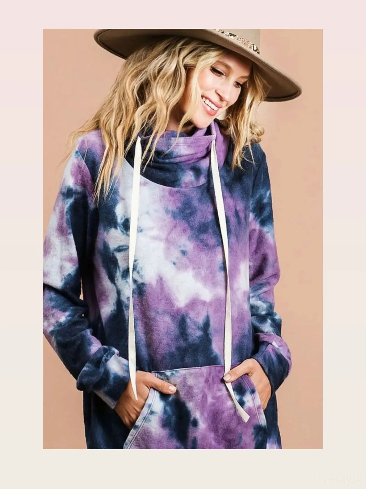 Chic Overlapped Turtleneck Sweatshirt in Brushed Tie Dye — styled showcase — Livostyle
