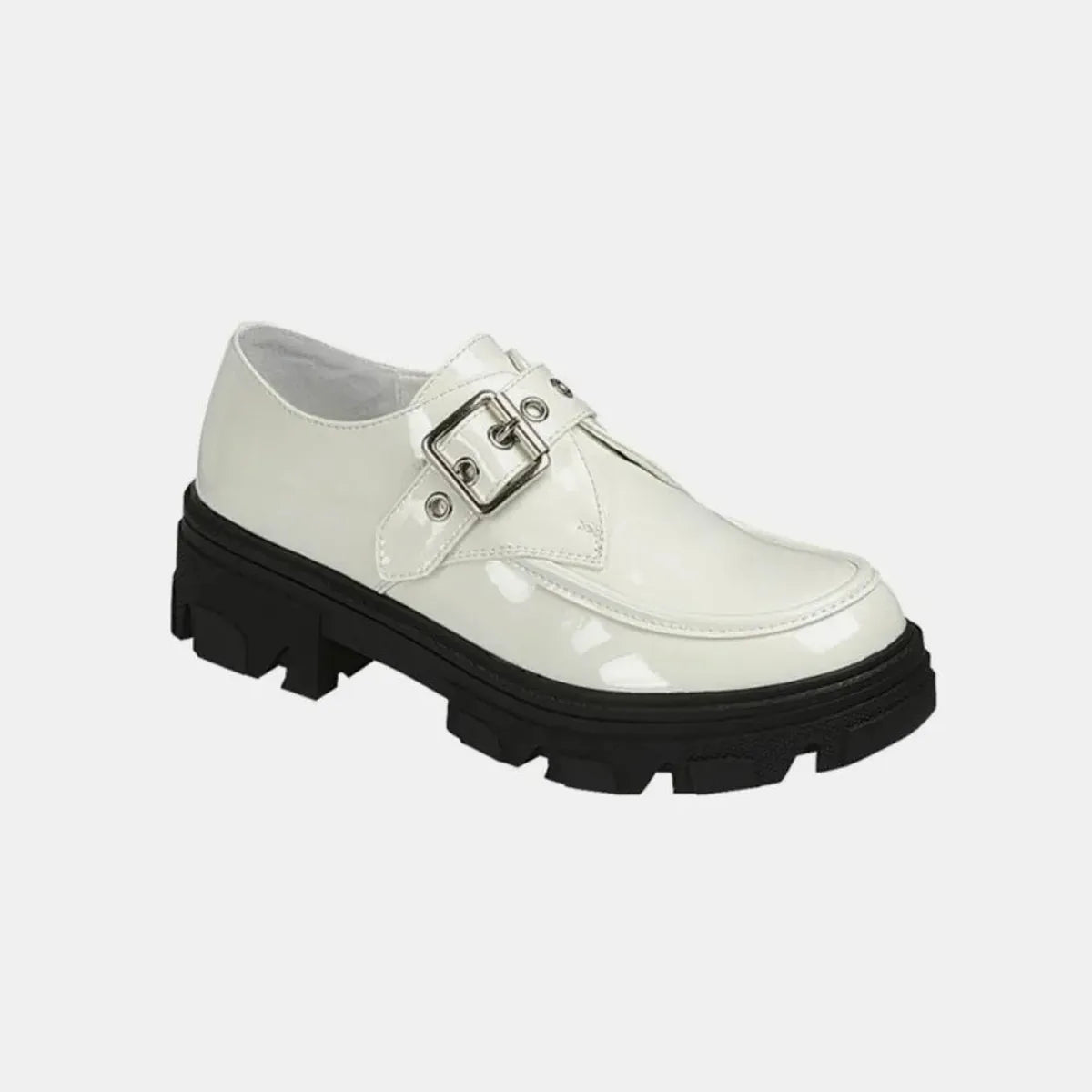 Trendy Vegan Leather Loafers with Buckle and Platform Lug So — square view — Livostyle