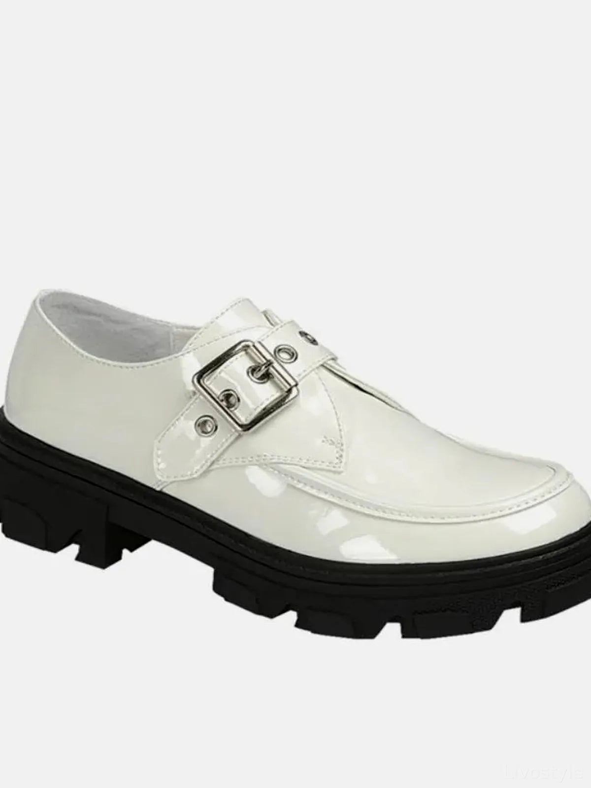 Trendy Vegan Leather Loafers with Buckle and Platform Lug So — detail view — Livostyle