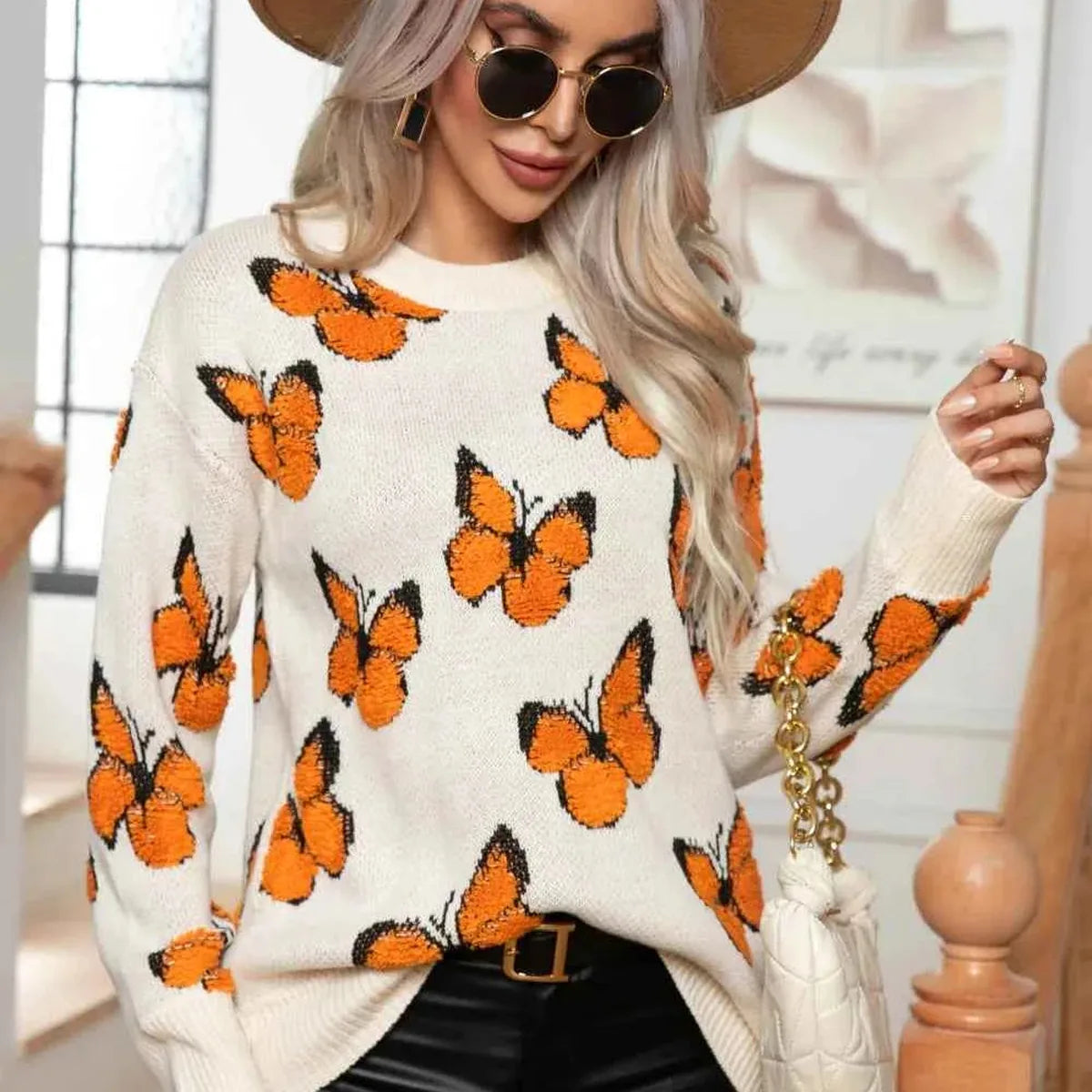 Butterfly Round Neck Long Sleeve Sweater — square view — Livostyle