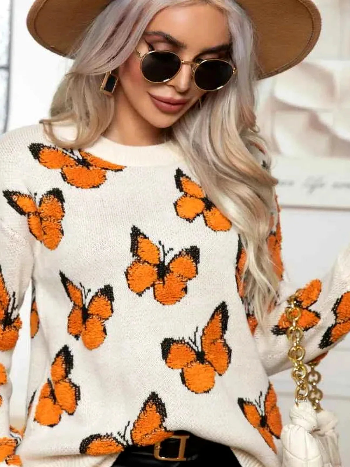 Butterfly Round Neck Long Sleeve Sweater — detail view — Livostyle