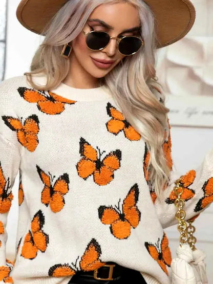 Butterfly Round Neck Long Sleeve Sweater — detail view — Livostyle