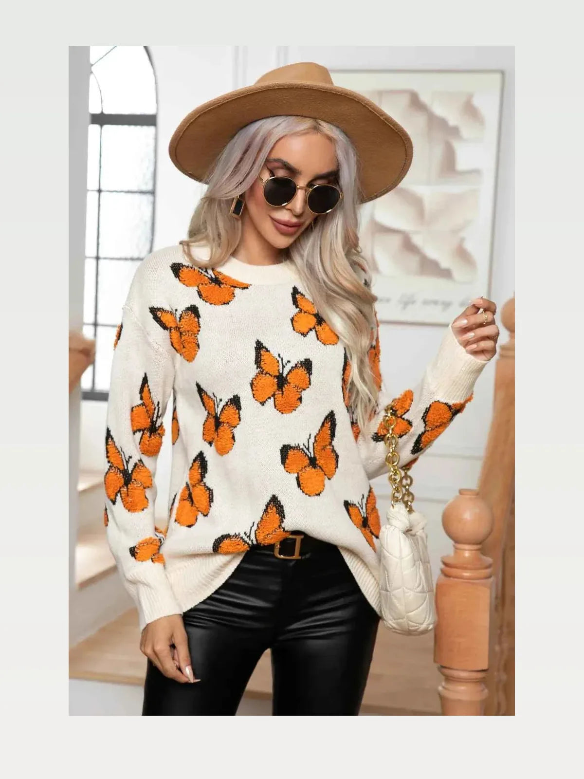 Butterfly Round Neck Long Sleeve Sweater — styled showcase — Livostyle