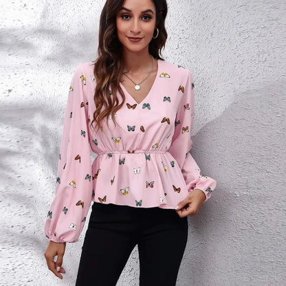 Chic Butterfly Peplum Blouse with Balloon Sleeves — square view — Livostyle