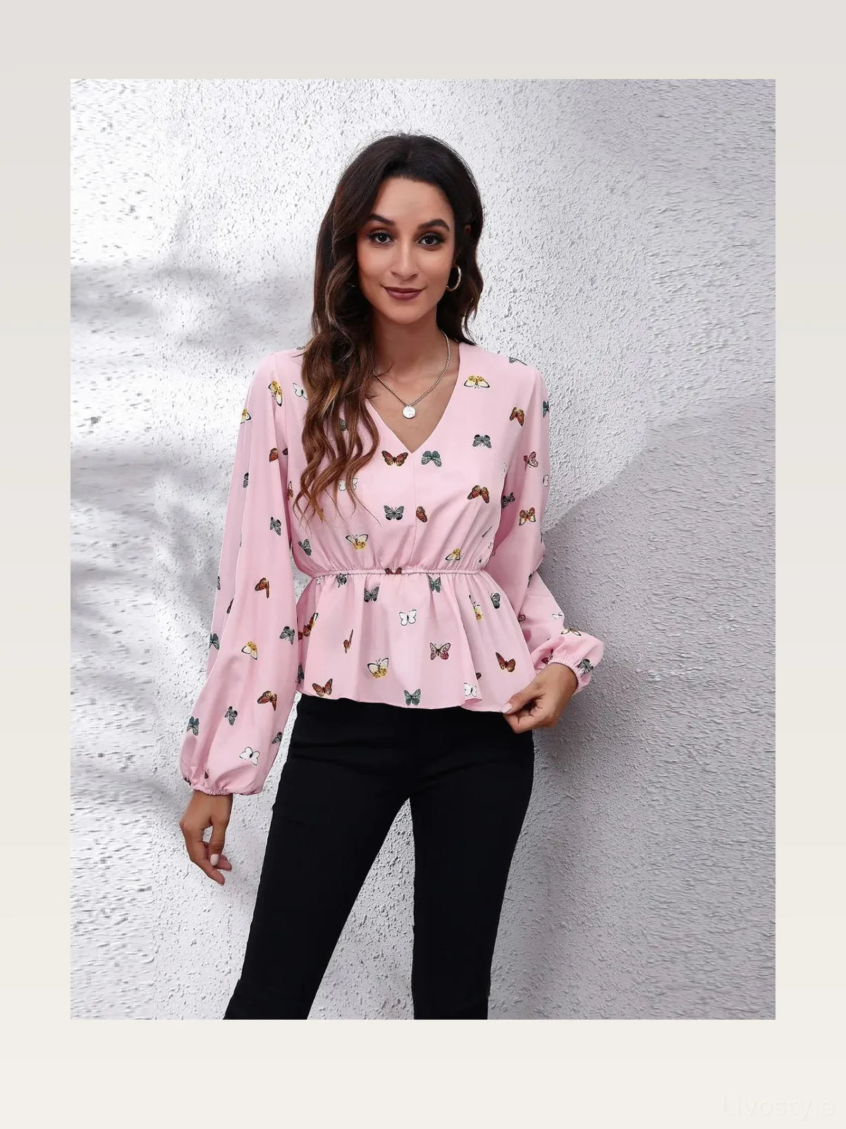 Chic Butterfly Peplum Blouse with Balloon Sleeves — styled showcase — Livostyle