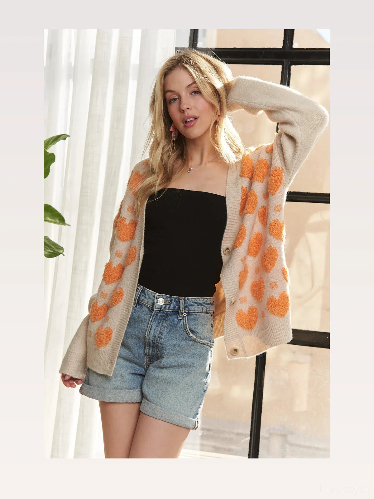 Chic Heart Patterned Button-Down Sweater Cardigan — styled showcase — Livostyle