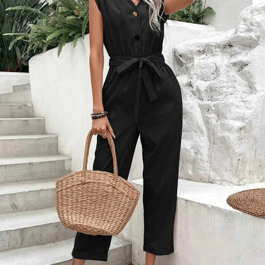 Button-Front Tie Waist Jumpsuit — square view — Livostyle