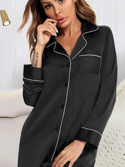 Button Up Lapel Collar Night Dress with Pocket — detail view — Livostyle