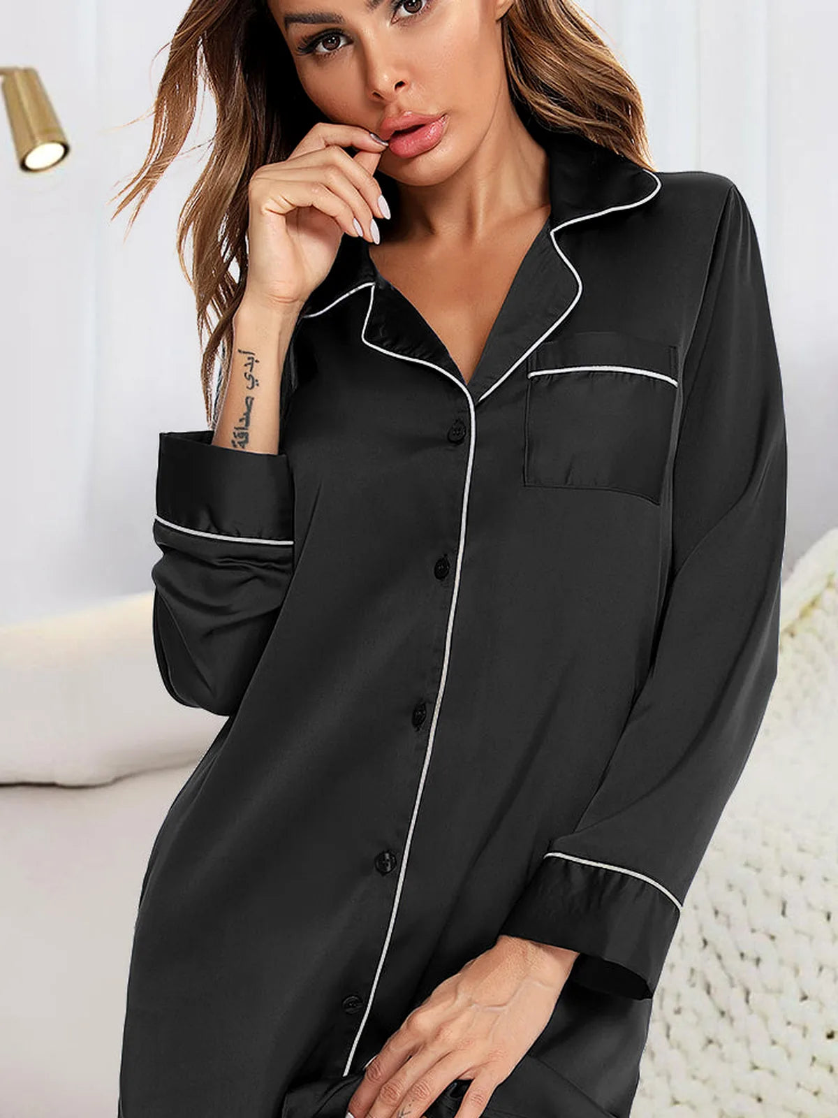 Button Up Lapel Collar Night Dress with Pocket — detail view — Livostyle
