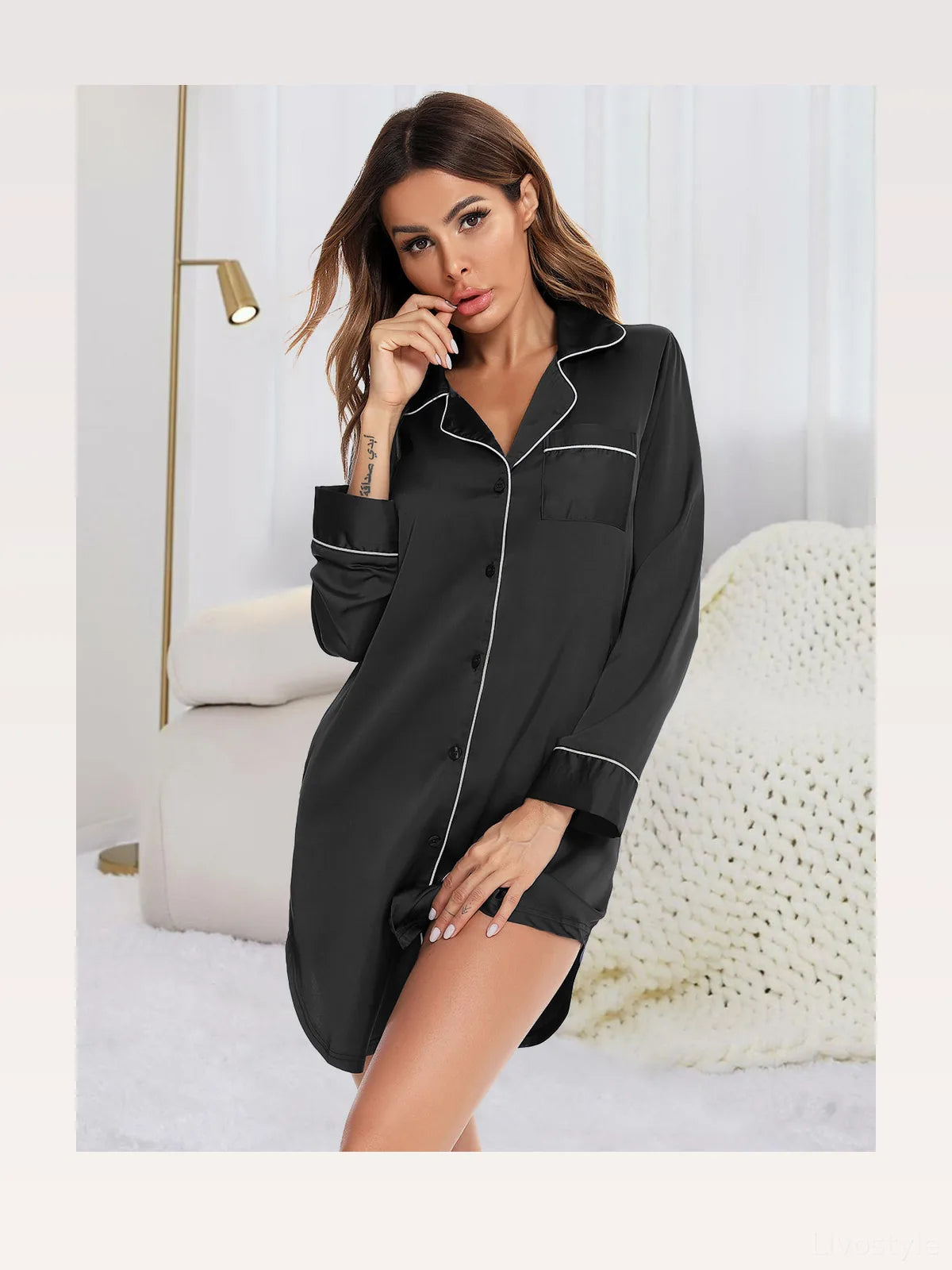 Button Up Lapel Collar Night Dress with Pocket — styled showcase — Livostyle