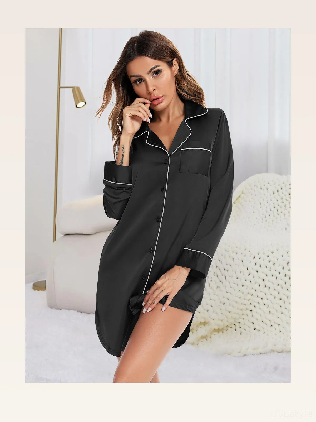 Button Up Lapel Collar Night Dress with Pocket — styled showcase — Livostyle