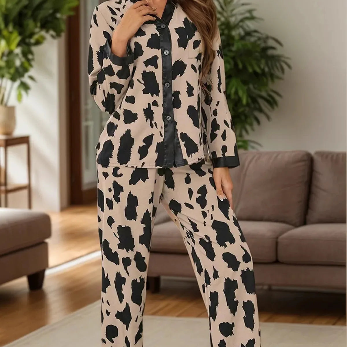 Button Up Long Sleeve Top and Pants Lounge Set in Leopard — square view — Livostyle