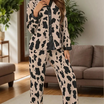 Button Up Long Sleeve Top and Pants Lounge Set in Leopard — square view — Livostyle