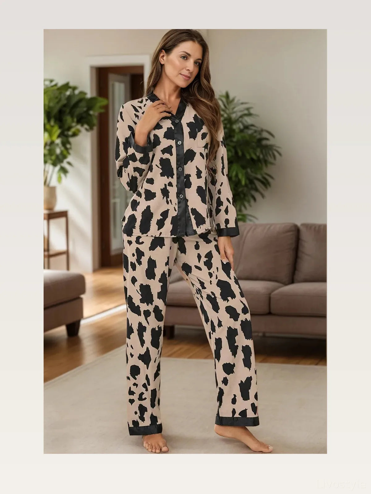 Button Up Long Sleeve Top and Pants Lounge Set in Leopard — styled showcase — Livostyle